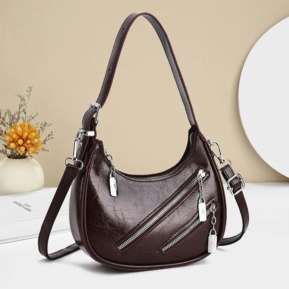 Women's Diagonal Zipper Leather Shoulder Bag - Picture 4 of 5